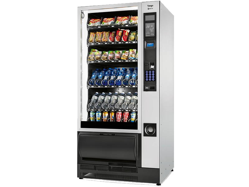 Snack vending machine with a range of drinks and snacks for sale.