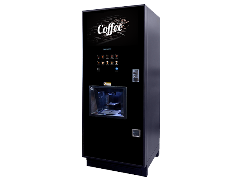 Coffee vending machine with a range of hot drinks for sale.